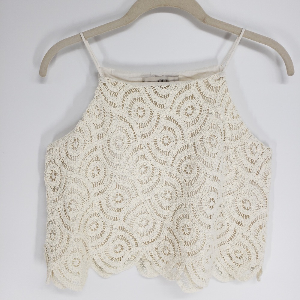 LOFT Crochet Lace Cropped Tank Top Women XS Cream Scalloped Sleeveless Halter